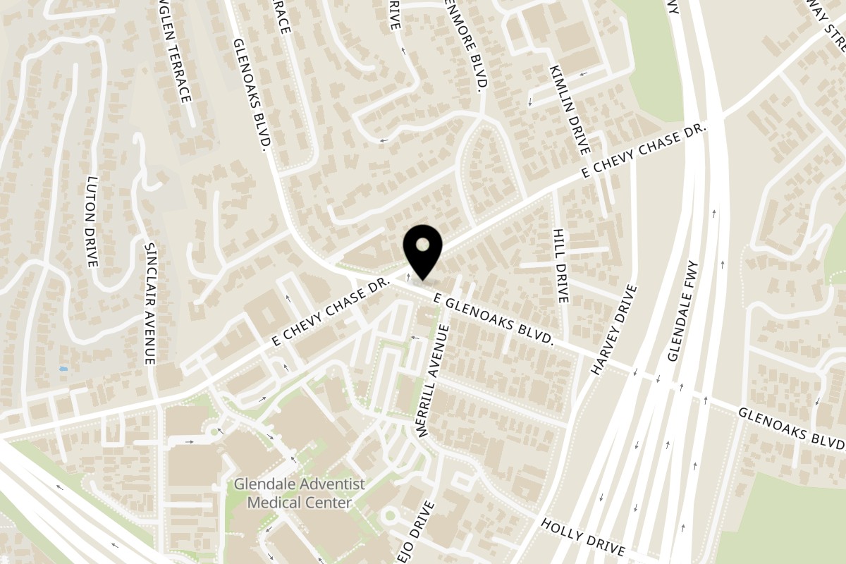 Map showing the location of Chick Next Door Hot Chicken on 1600 E Chevy Chase Dr in Glendale
